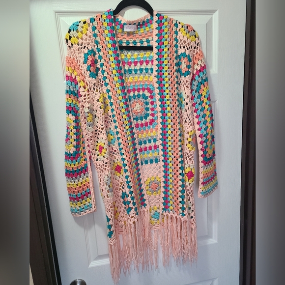 Pink lily pink colorful crochet long sleeve Cardigan - Picture 3 of 6